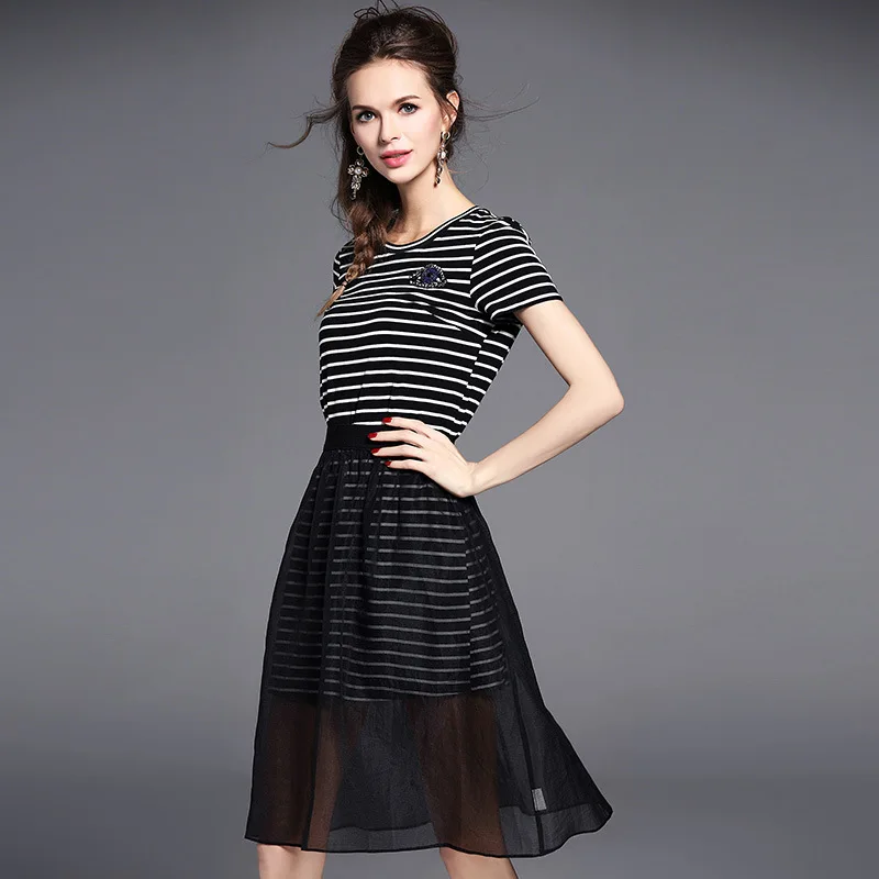 2017 лето новый раунд воротник полоса ногтей шарик модные dress чистой пряжи из двух