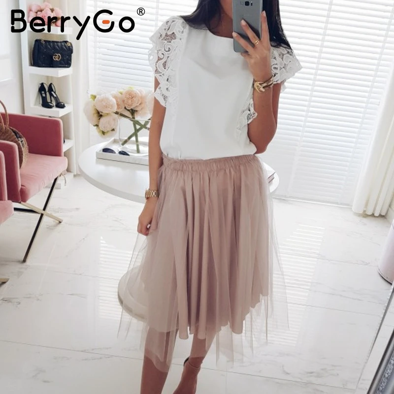 BerryGo Просто элегантно кружевная женская рубашка с рюшами на рукавах летняя белая