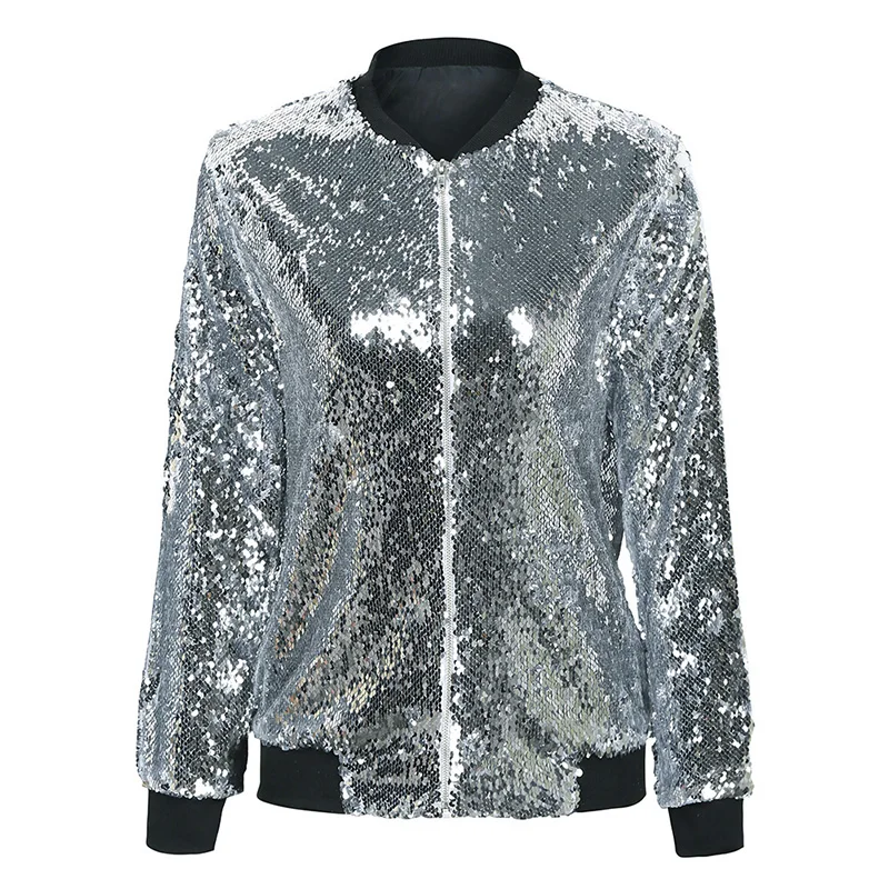 Spring Autumn Women Sequin Coat Green Bomber Jacket Long Sleeve Zipper Streetwear Tunic Loose Casual Basic Lady Outwear XXL