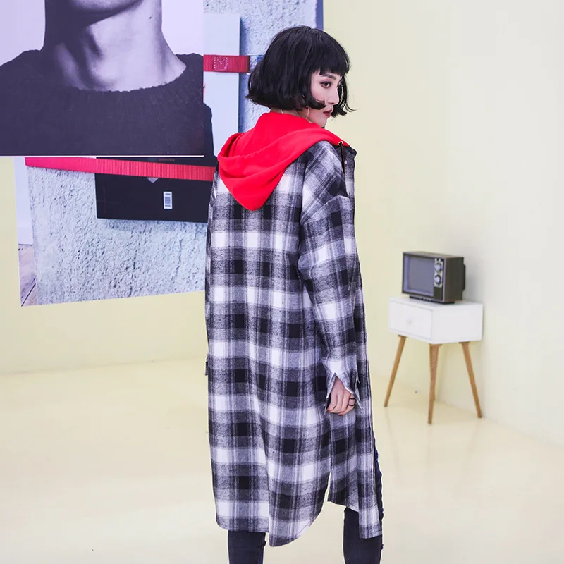 Shirt female long section loose Spring and autumn2018tide brand hooded thin plaid long-sleeved shirt coat |