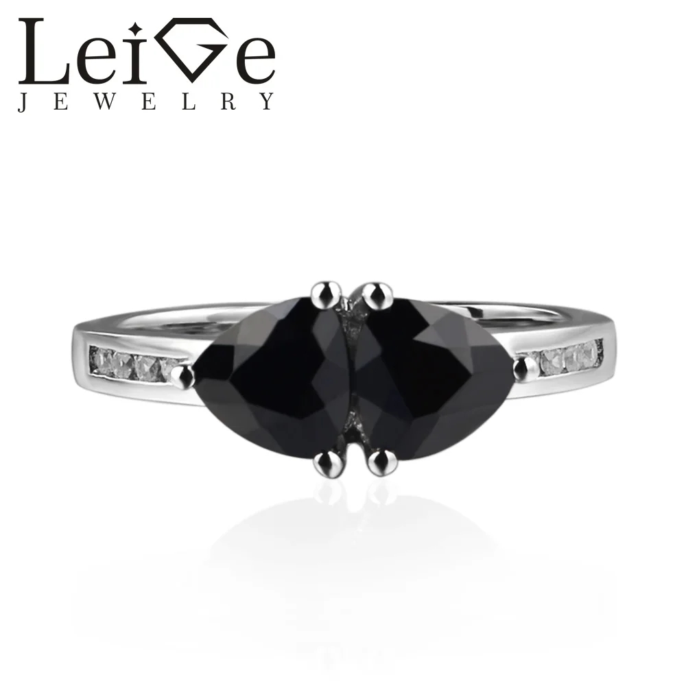 

925 Silver Real Black Spinel Ring Trillion Cut Double Stone Black Gemstone Wedding Rings for Women Romantic Gifts