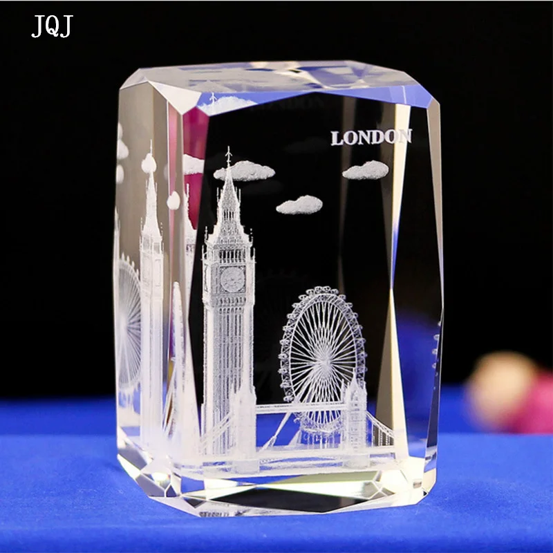 JQJ 3D Laser Engraved Crystal Glass Cube London Model Paperweight Tower Bridge Eye Big Ben Figurines Feng Shui Souvenirs Crafts | Дом и сад