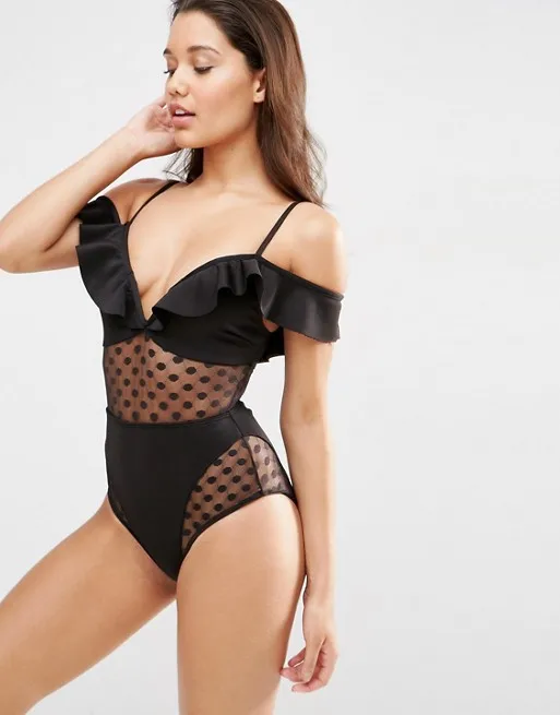 2018 Новинка Монокини Цельный купальник женский черный сетчатый купальный костюм