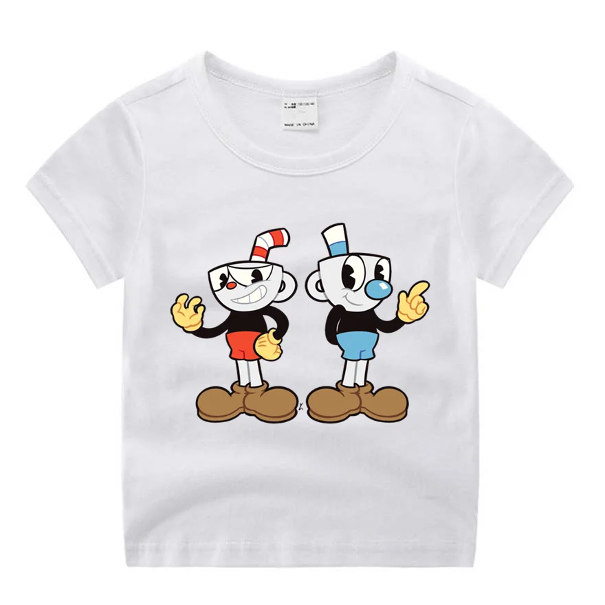 Дети мультфильм Cuphead Фильм Смешной мультяшный принт футболка Для детей, на лето топы с круглым вырезом для мальчиков и девочек Футболка Повседневная одежда для малышей
