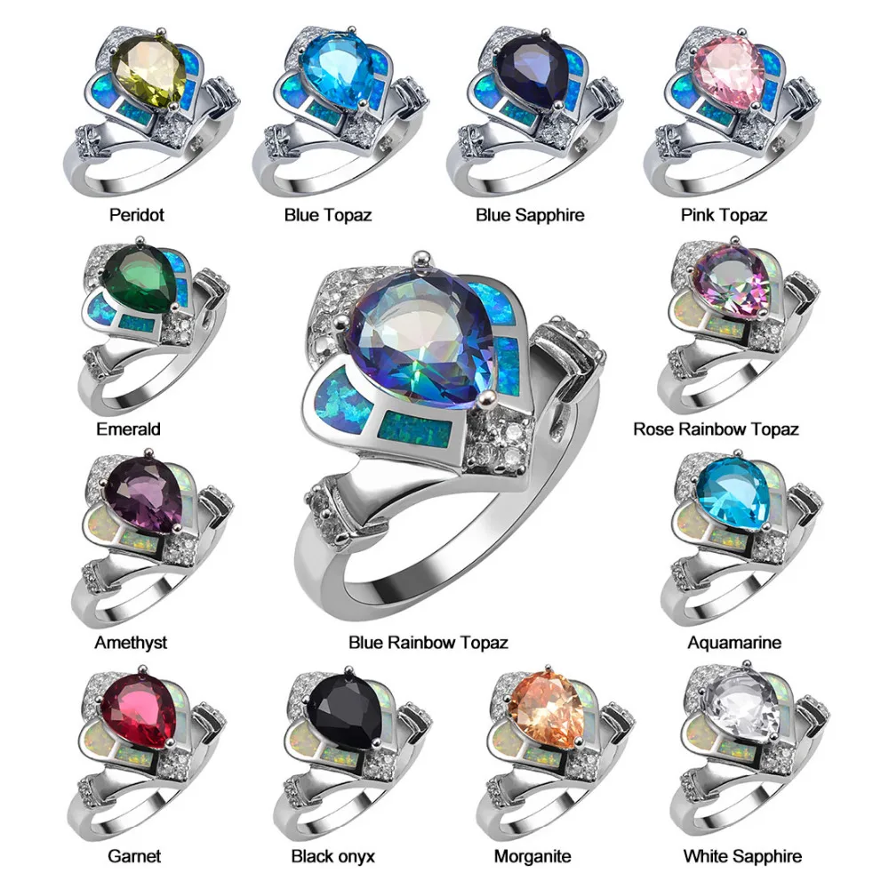 

White &Light Blue Crystal Zircon Peridot Garnet Morganite Black Onyx Opal Ring925 Sterling Silver Ring Size 6 7 8 9 10