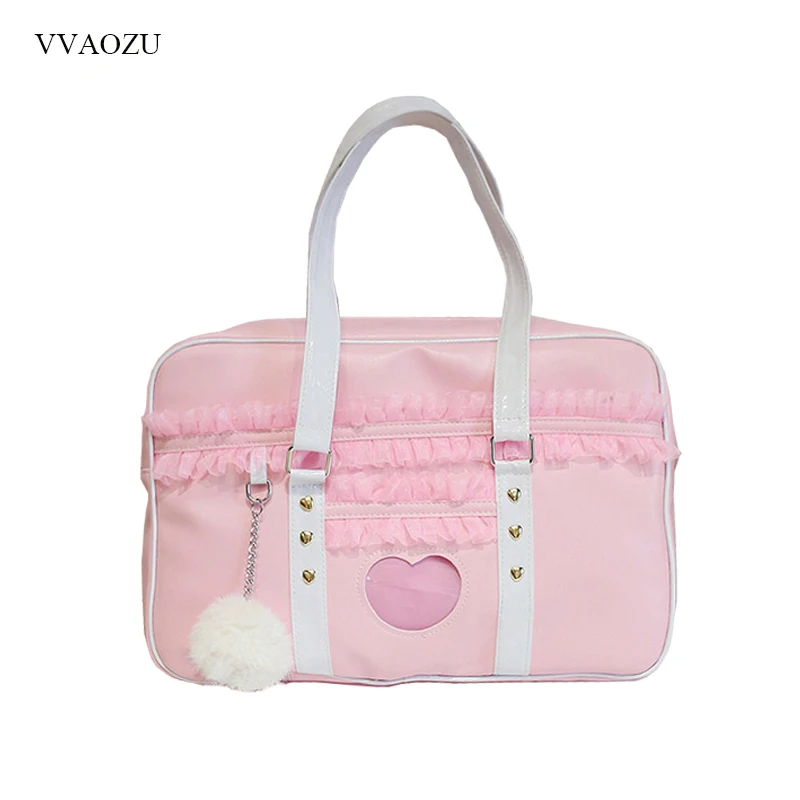 Japan Harajuku Kawaii Shoulder Bag Women JK Lace Ruched Handbag Lolita Transparent Heart Hand Bag with Plush Pendant