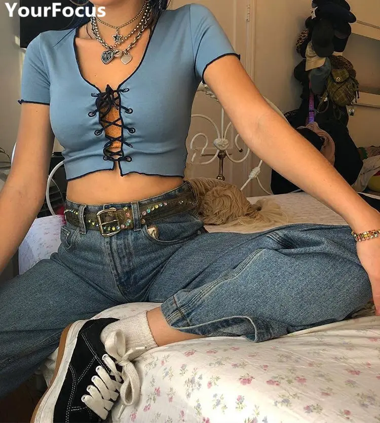 Винтажный кроп топ в стиле Харадзюку панк на шнуровке|crop tshirt|crop topcrop top tshirt |