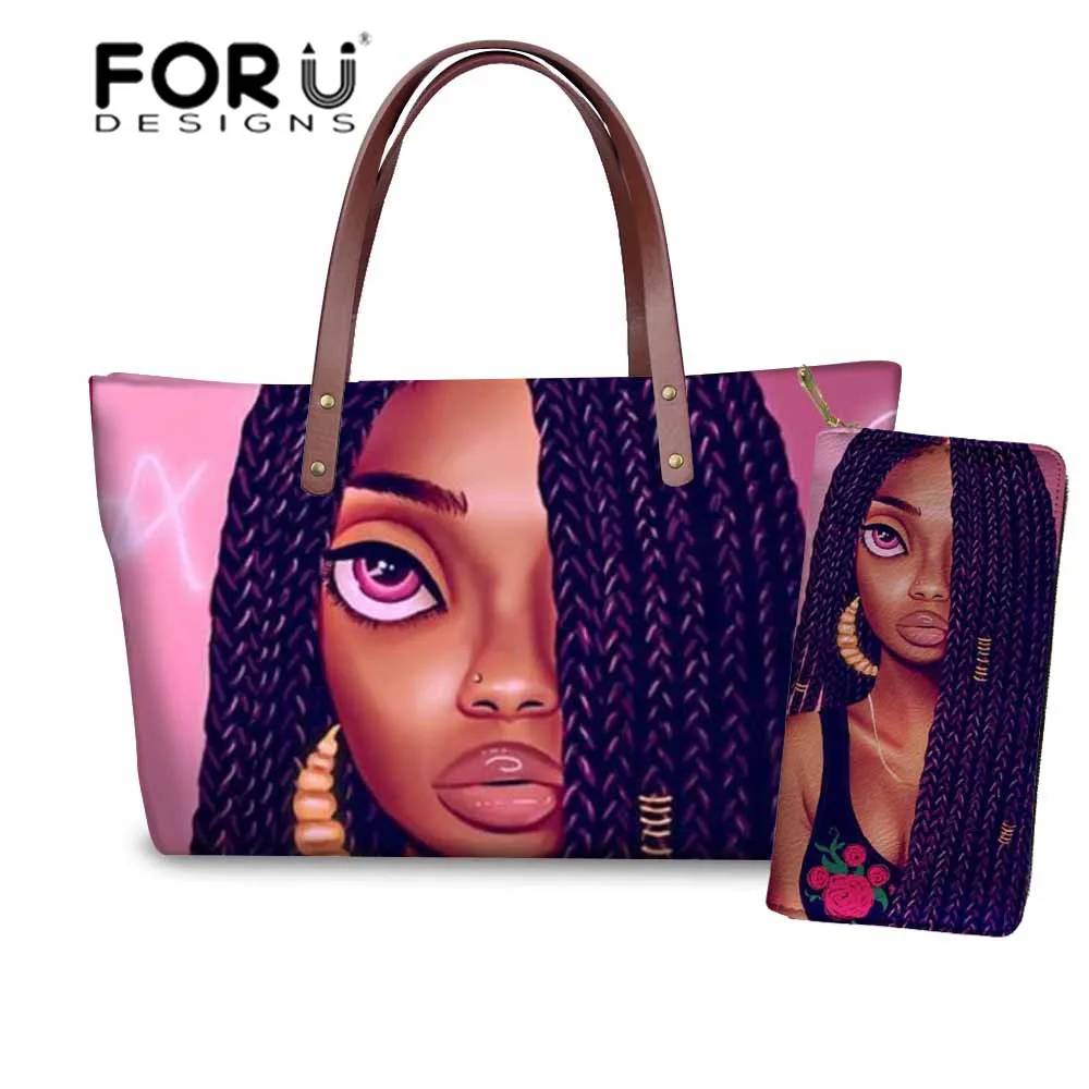 YQ3579ALZ21 FORUDESIGNS бренд класса люкс дизайн Сумки женский, черный арт в африканском стиле, для девочек, 2 предмета в наборе, шт./компл. ручная сумка& кошелек женские сумки с верхней ручкой - Цвет: YQ3579ALZ21