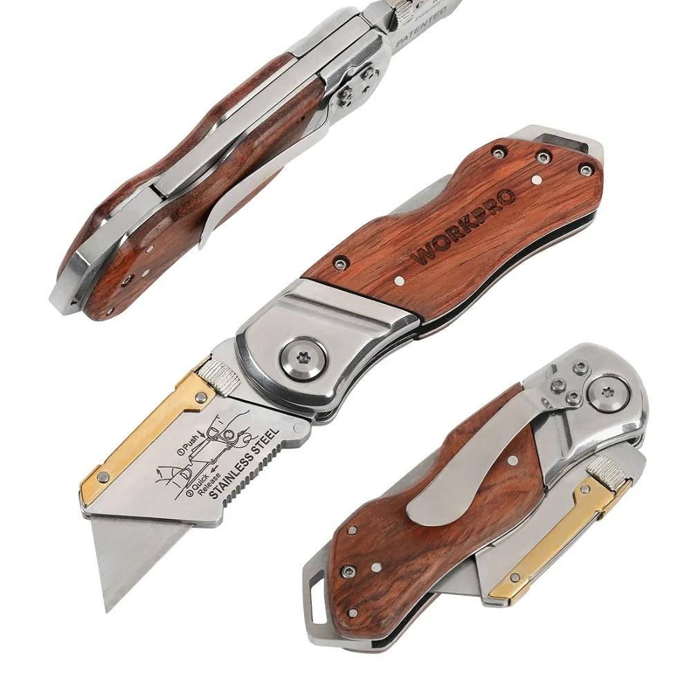 WORKPRO-cuchillo de utilidad plegable, cortador de tubos, de bolsillo, mango de madera, 10/20 piezas cuchillas