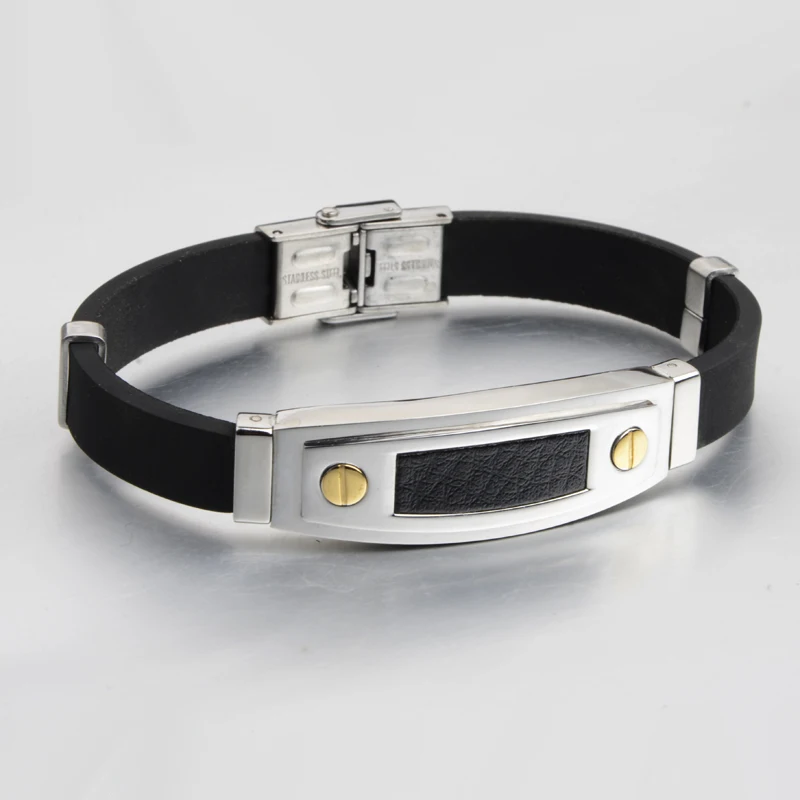 Мужские браслеты из черной силиконовой резины нержавеющей стали модные