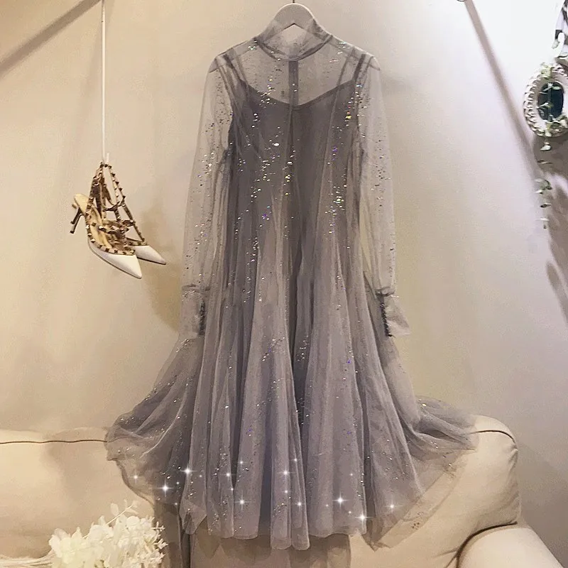 gray TWOTWINSTYLE элегантное женское платье Водолазка с длинным рукавом в стиле пэчворк с блестками свободные сетчатые платья для женщин Весенняя модная одежда - Цвет: gray