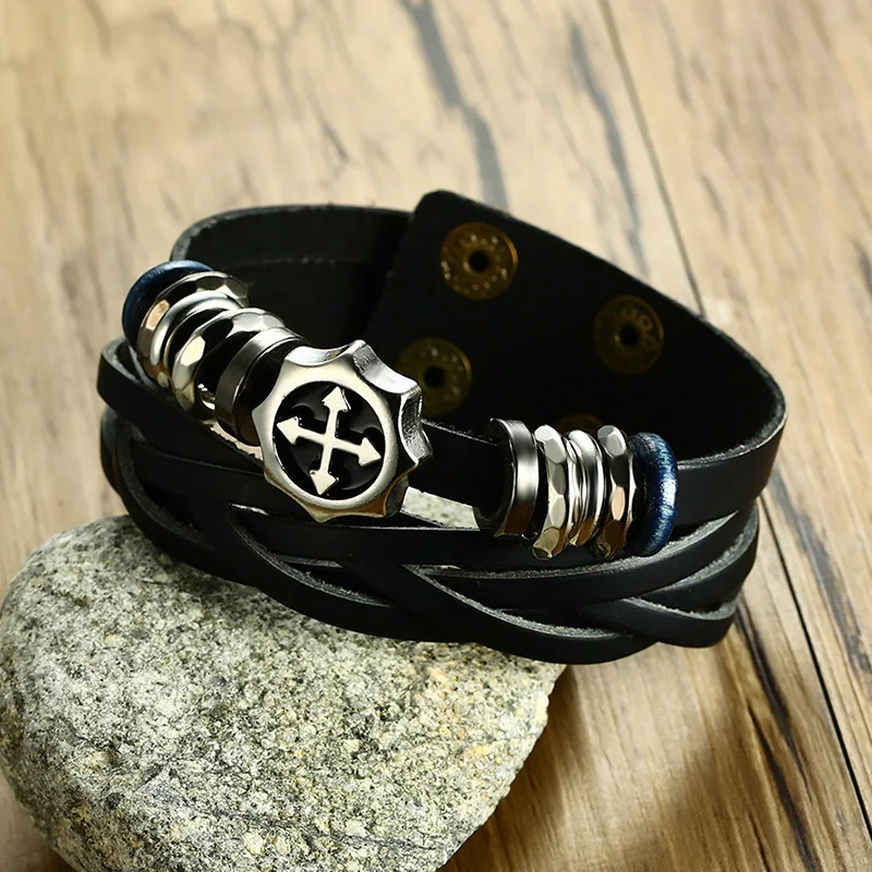 Винтажный плетеный браслет Vnox из натуральной кожи в богемном стиле мужские