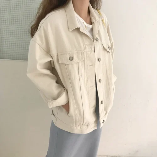 Korean Casual Loose White Denim Jacket Fashion Single Breasted Peter Pan Collar Brief Coats Women Женская одежда