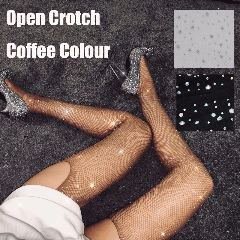 open crotch coffee Женские колготки, стразы, ажурные колготки, блестящие чулки, женские чулки, прозрачное нижнее белье, Lenceria Bling, чулочно-носочные изделия SW065 - Цвет: open crotch coffee