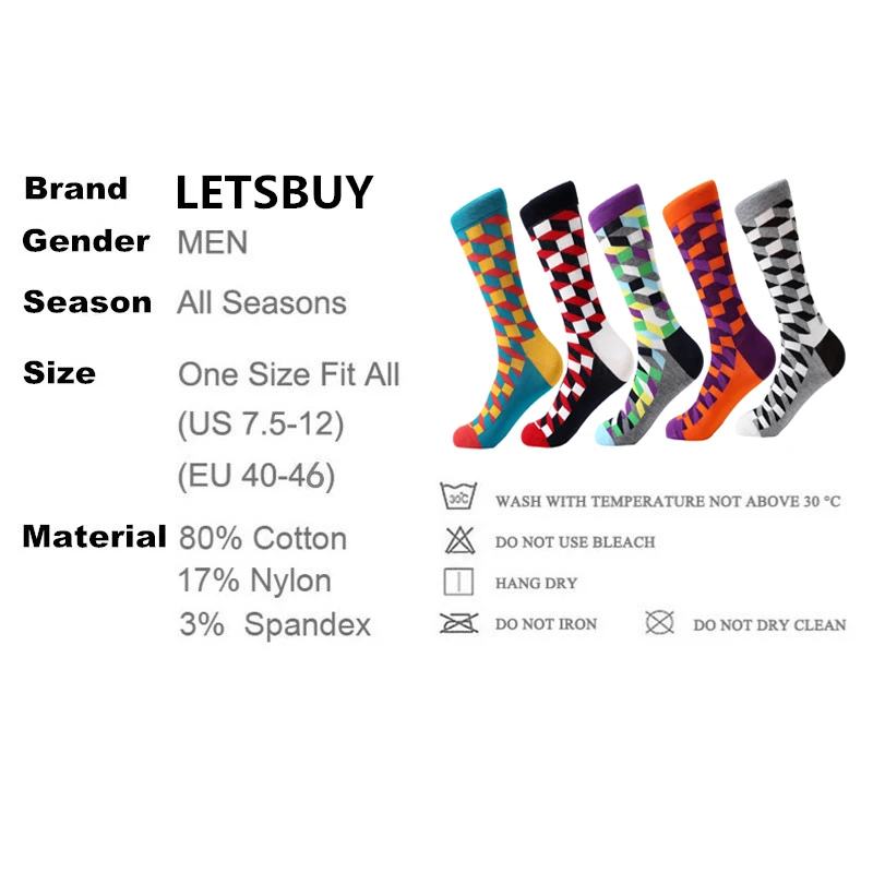 LETSBUY 5 pair/lot mens socks cotton colorful funny crew socks long vibrant socks for man business dress wedding gift socks
