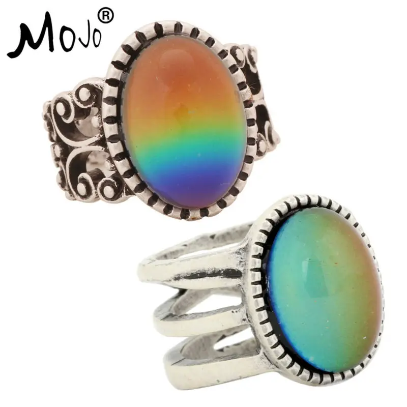 

2PCS Antique Silver Plated Color Changing Mood Rings Changing Color Temperature Emotion Feeling Rings Set For Women/Men 003-018