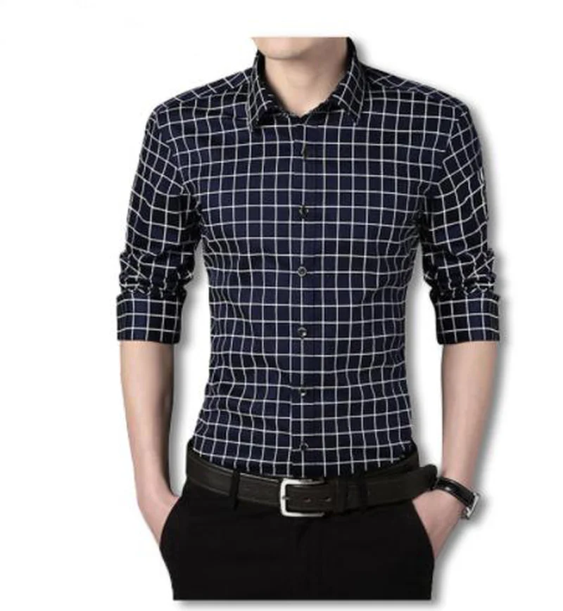 Качество хорошее 2018 Мужская Весенняя рубашка Slim Fit рубашки в клетку с длинными
