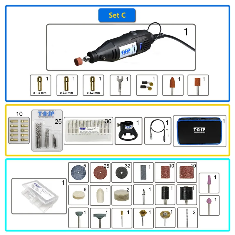Set C-175pcs Мини дрель гравер мощностью 130Вт TASP MMD001 с набором насадок - Цвет: Set C-175pcs