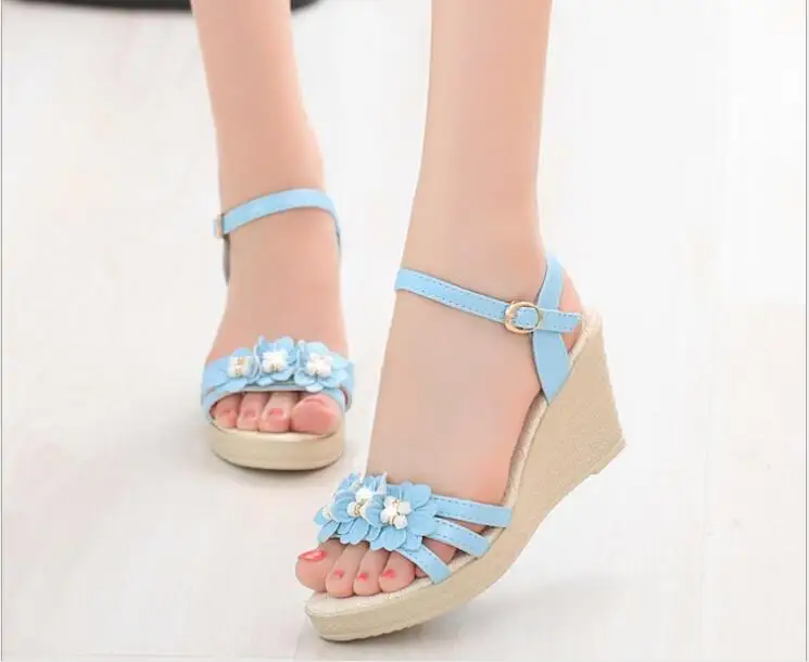 Женские сандалии с цветочным жемчугом туфли открытым носком на платформе и