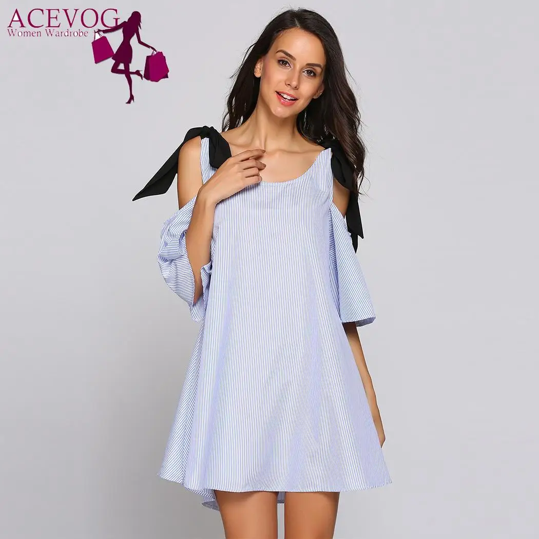 Галстук Sleeve Cold Shoulder Контрастность 3/4 платье в полоску|Женские платья| |