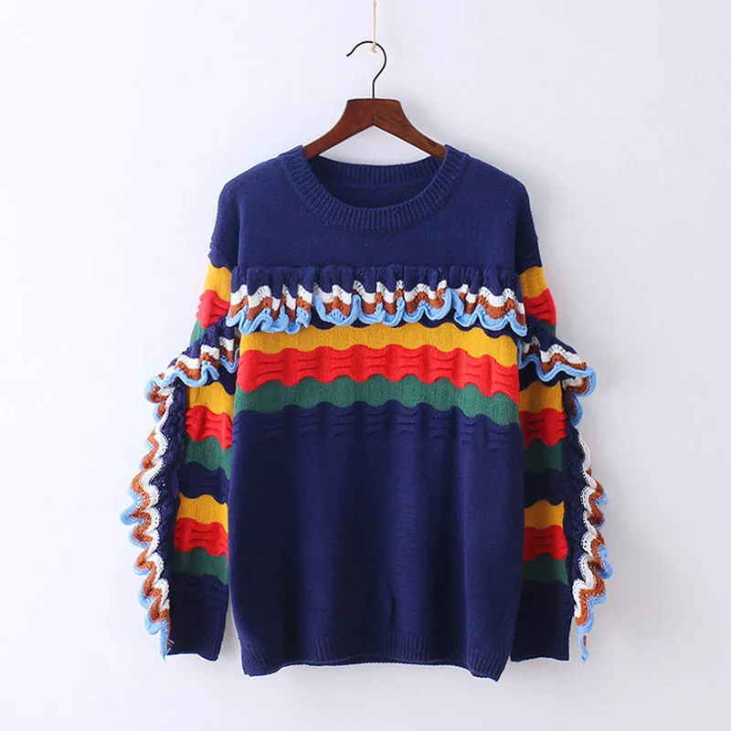 Fashion Hit Color Sweater Women Patchwork Ruffles Edge Round Neck Knitting Jumper Female Casual Loose Red Blue Pullover | Женская одежда
