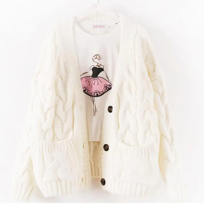 Осень зима 2018 вязаный свитер женский кардиган плотный свободный Однотонный