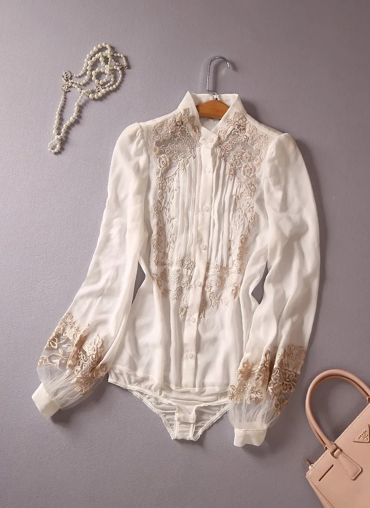 Fashion Brand Silk Blouse Spring Fall Embroidery Blouses Women Lantern Sleeve hollow cut Chiffon Plus Size shirt w1910 |