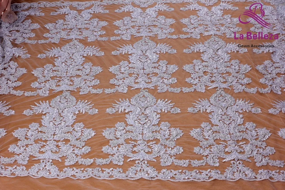 La Belleza pure white large pattern cord lace fabric heavy beaded fabric handmade beading lace gown lace fabric 1 yard