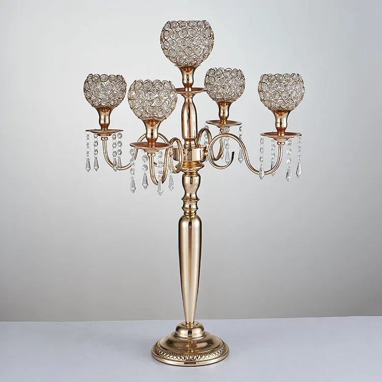 80cm/31.5" Candle Holders 5-arms Metal Gold/ Silver Candelabras Crystal Candlesticks For Wedding Event Centerpieces 1 PCS