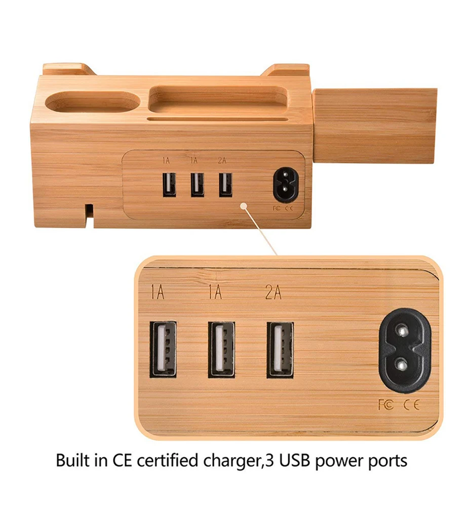ARVIN 3 in 1 Bamboo Wood Charging Dock Multi-USB Charger Station Stand Holder for iPhone X 8 Apple Watch Airpod Samsung Bracket