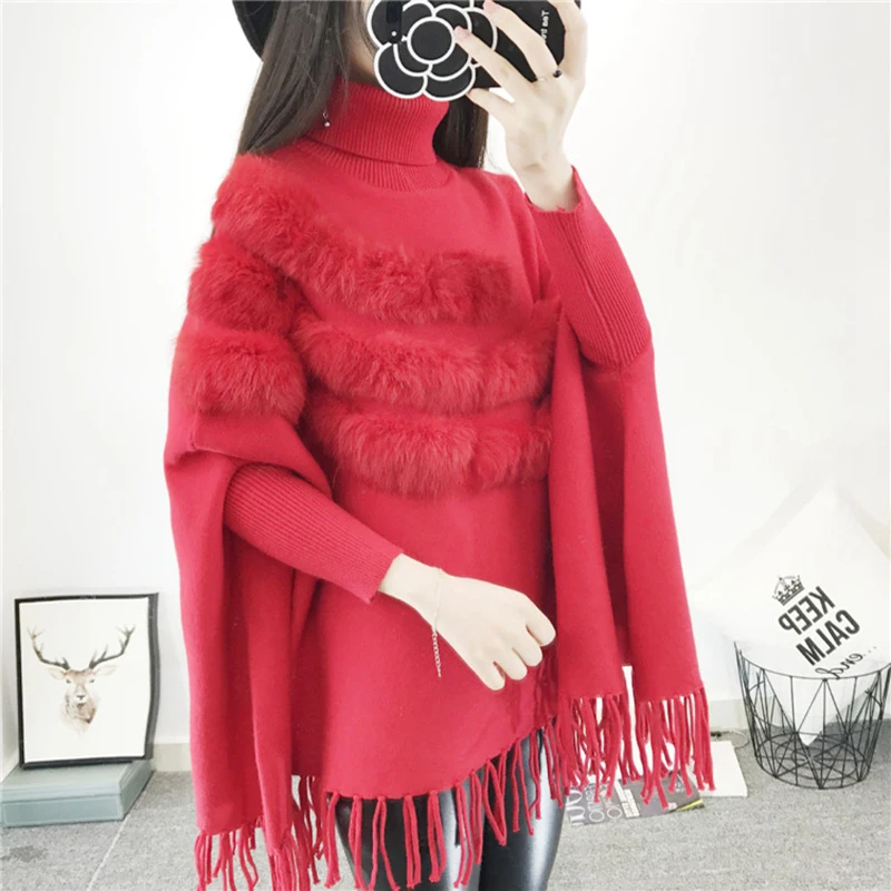 New Fashion Autumn And Winter Women High Collar Real Rabbit Fur Cloak Pullover Lady Bat Sleeves Tassel Poncho Sweater Knitwear | Женская