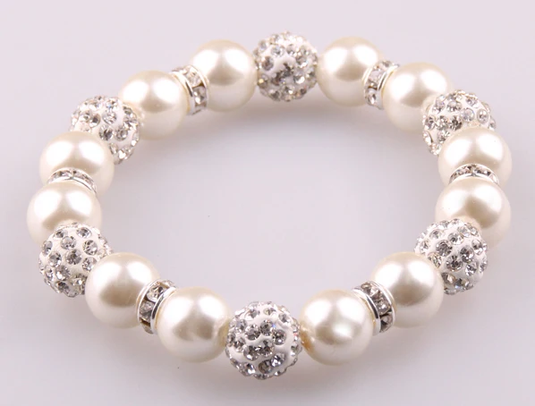 10mm beige pearl with crystal pave ball and spacers beads bracelet | Украшения и аксессуары