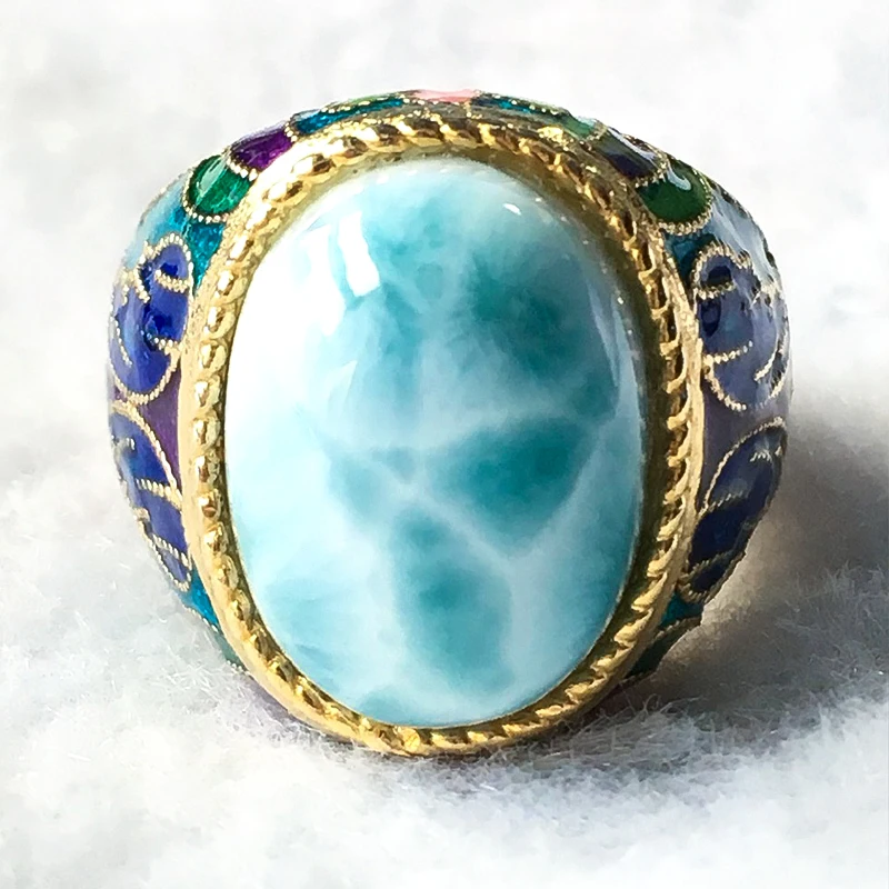 Фото Натуральное серебряное кольцо larimar, овальное 12 мм * 16 мм, редкий синий камень larimar, модное и популярное для вечеринок №2