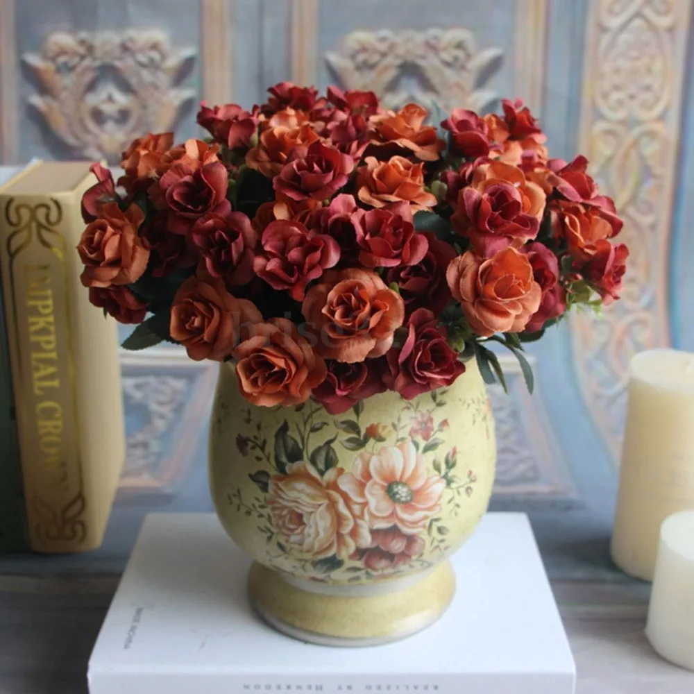 2017 модные шелковые цветы европейские 1 букет искусственные осенняя яркая Роза