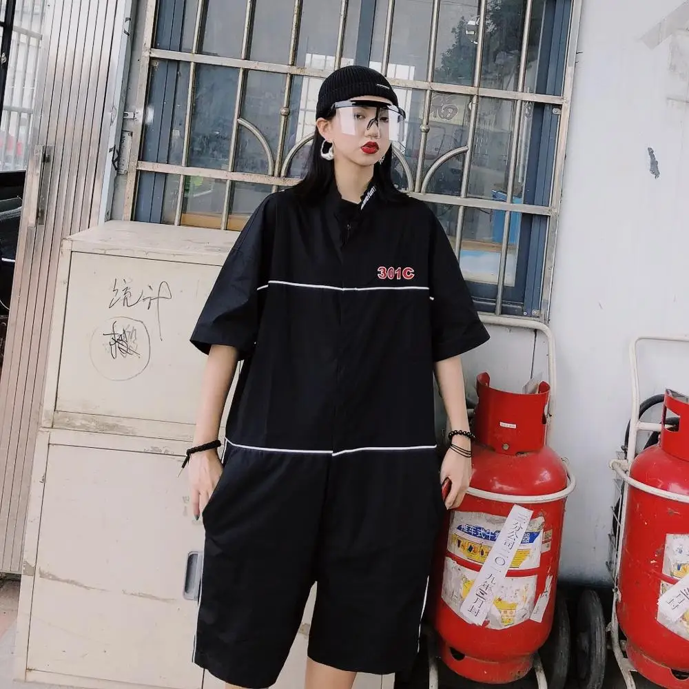 Street Cool Handsome Men and Women's Five-Sleeve Zipper Joint Individual Embroidered Letter jumpsuit BF | Женская одежда