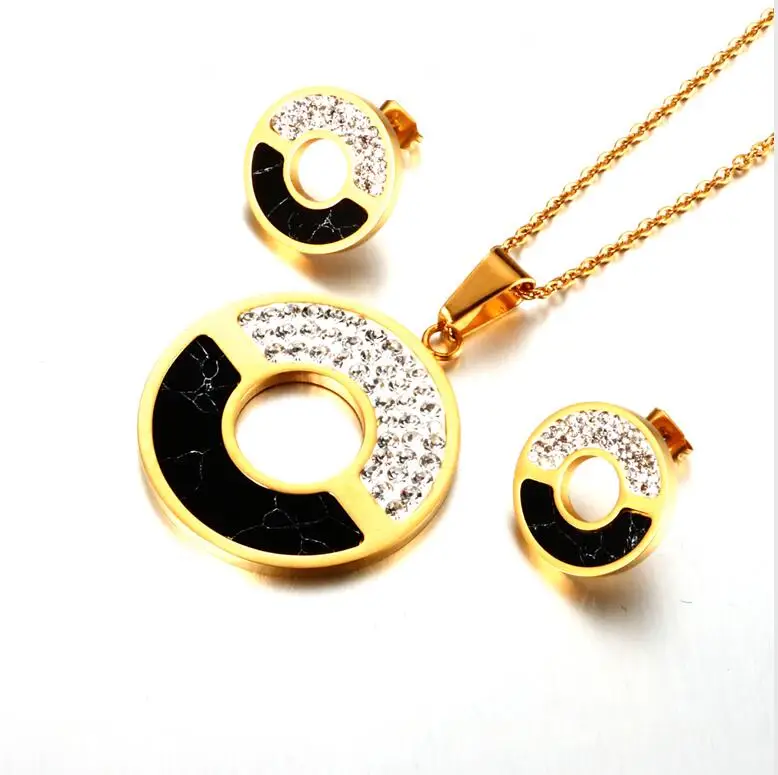 black and gold Золотой цвет из нержавеющей стали круглый CZ камень кулон ожерелье серьги Ювелирные наборы Стразы бусины синий камень для женщин ювелирные изделия - Окраска металла: black and gold