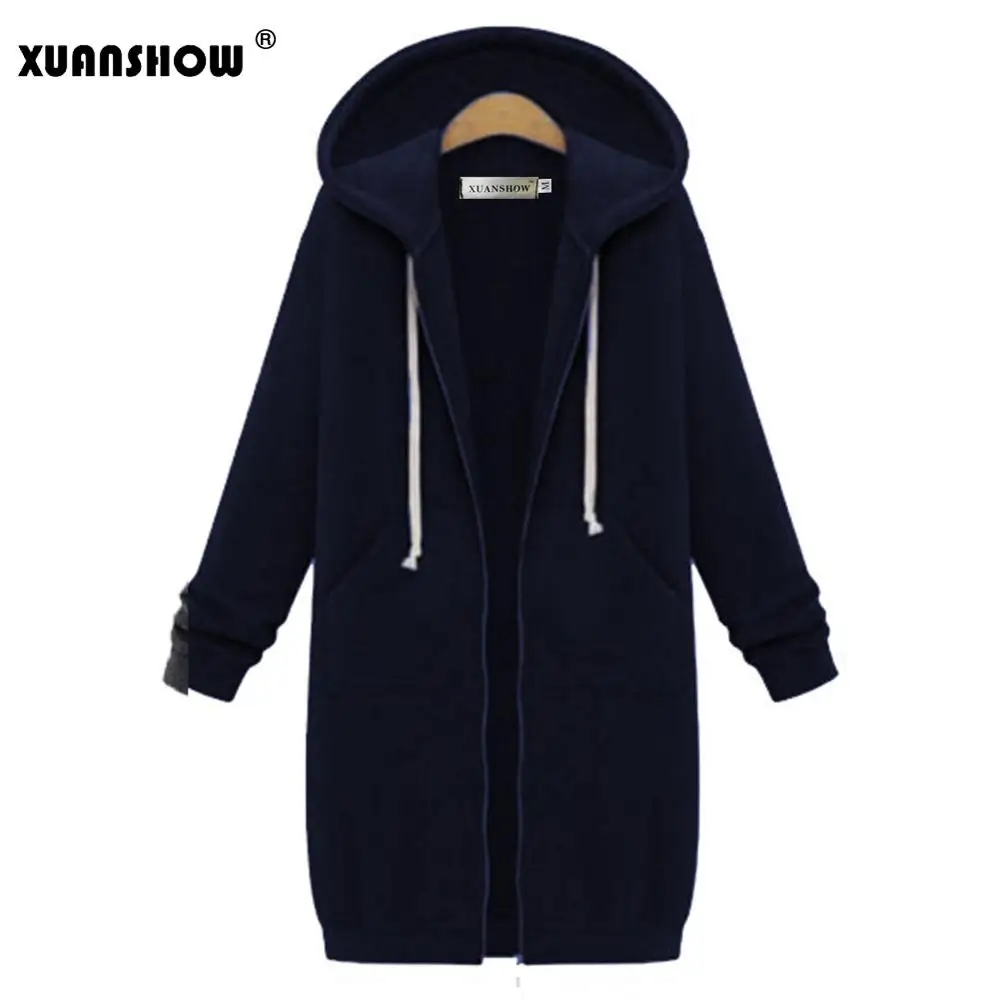 XUANSHOW зимняя куртка для женщин модные толстовки Верхняя одежда с длинным рукавом карман на молнии Свободные теплые женские пальто - Цвет: Navy Blue