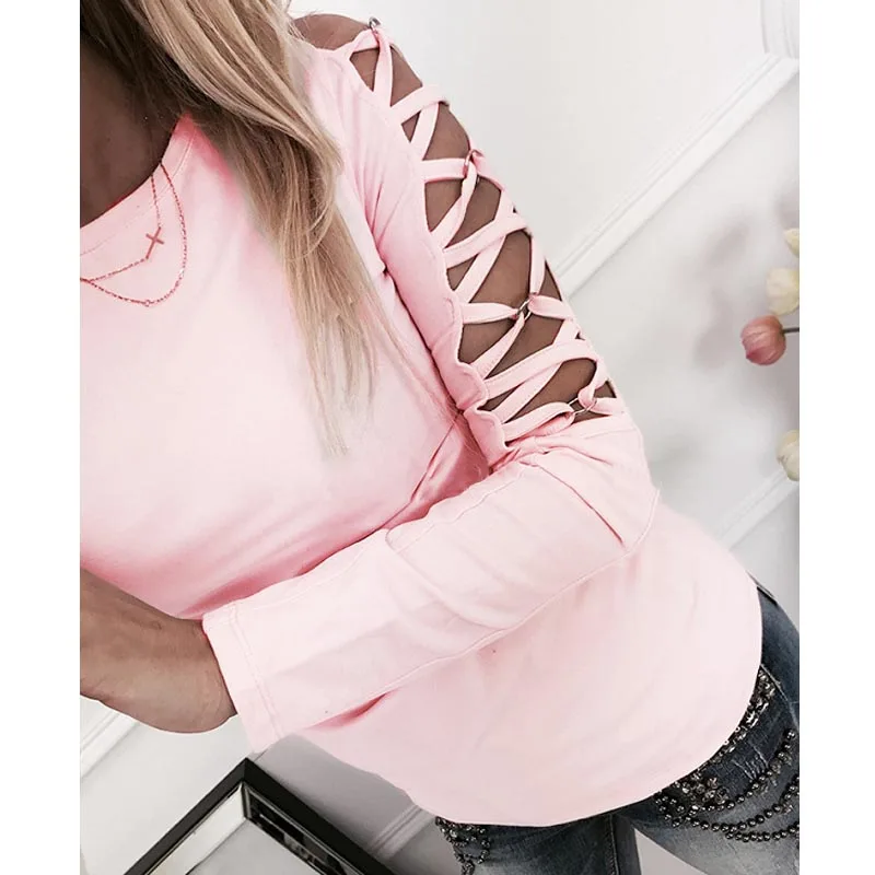 2018 New Arrivals Fashion Casual Hollow Out Arm Long Sleeve Pink Women Tshirt Sexy Low Cut Tops Ladies Kawaii | Женская одежда