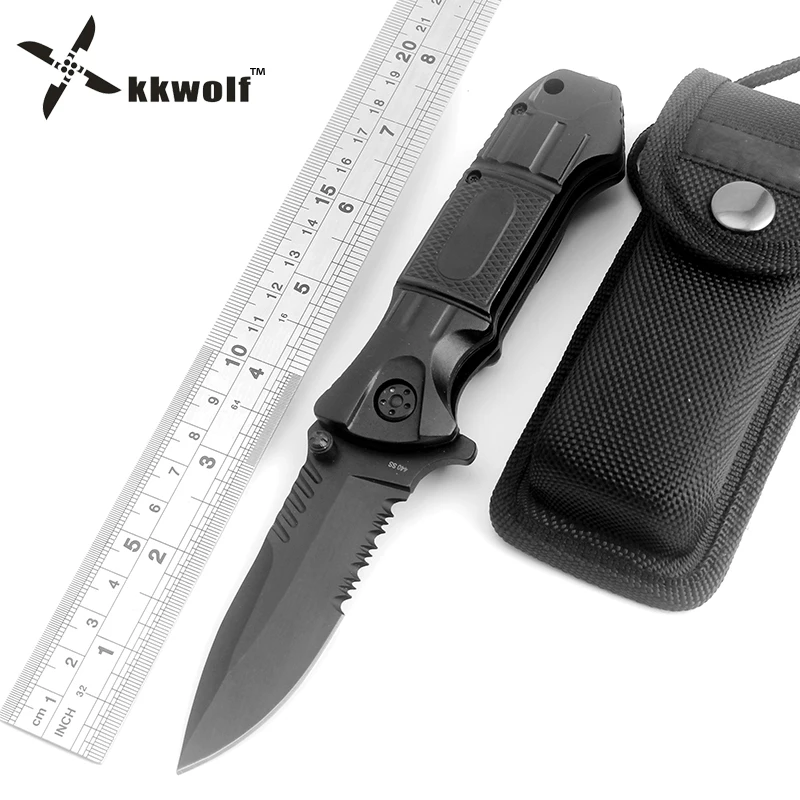 KKWOLF Черный Складной нож 440C сталь полузубчатое лезвие тактические походные