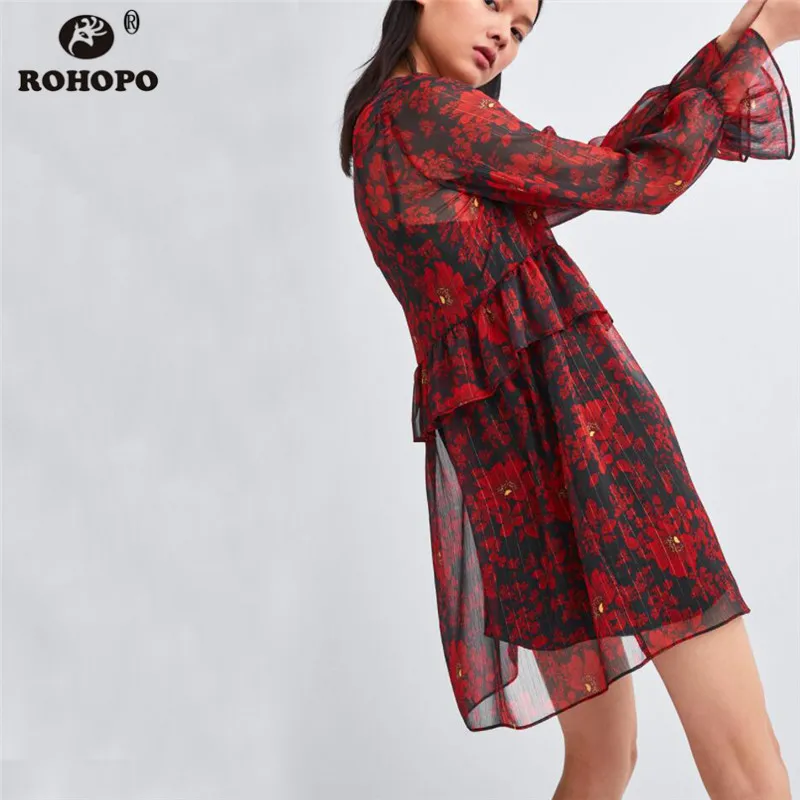 ROHOPO/осеннее Повседневное платье с длинными рукавами-фонариками драпированная