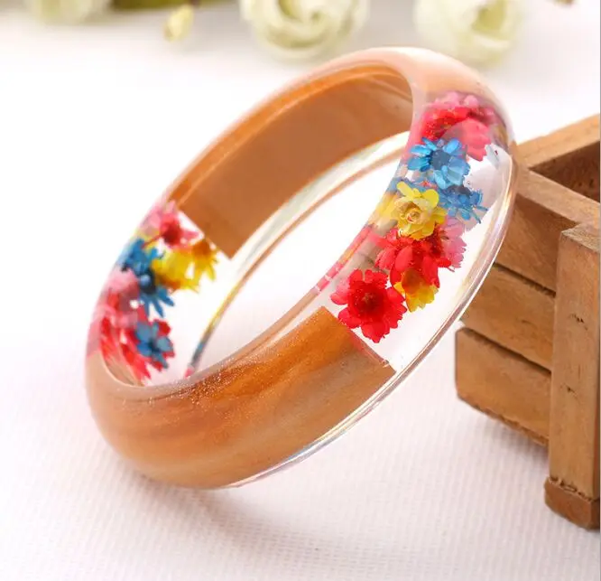 Браслеты и браслеты из дерева смолы для женщин прозрачные настоящие цветы