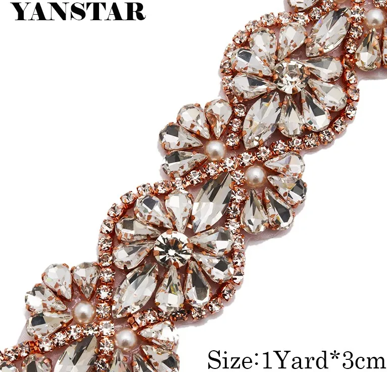 YANSTAR 3 см* 1 ярд лента из страз железо на свадебные платья Пояс носорог с бисером Кристалл на DIY свадебные пояса YS875 - Цвет: Rose Gold