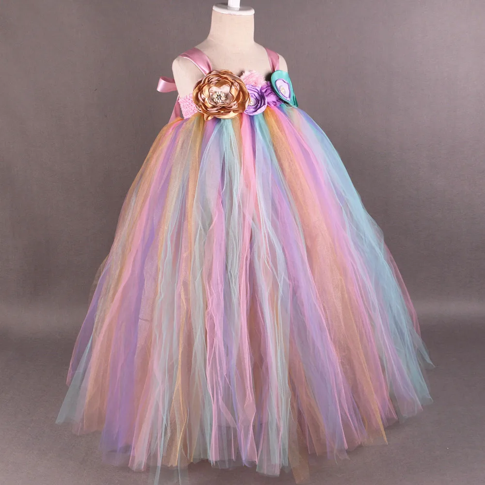 Rainbow Flower Girl Tutu Dress Princess Children Girls Tulle Party Dresses Boutique Kids Pageant Wedding Ball Gown | Детская одежда и