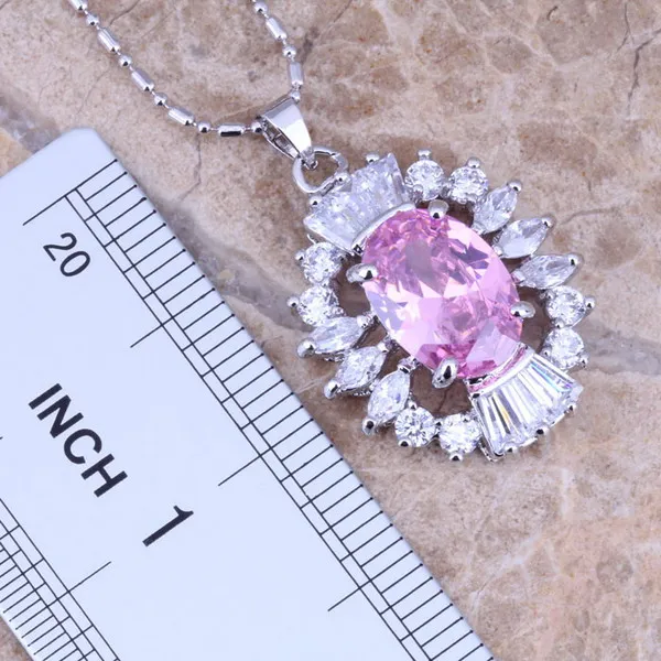 Розовый белый фианит Посеребренные Ювелирные наборы серьги Кулон Кольцо Размер 5