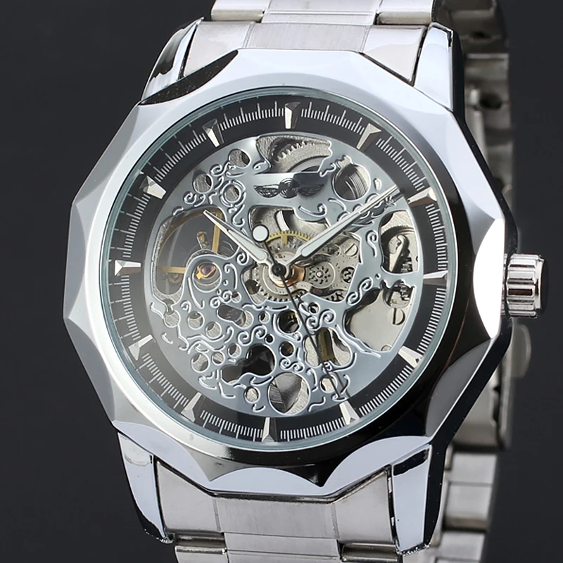 

WINNER Mechanical Watches For Men Silver Skeleton Dial Carving Full Stainless Steel Brand Luxury Military Automatic Wrist Watch