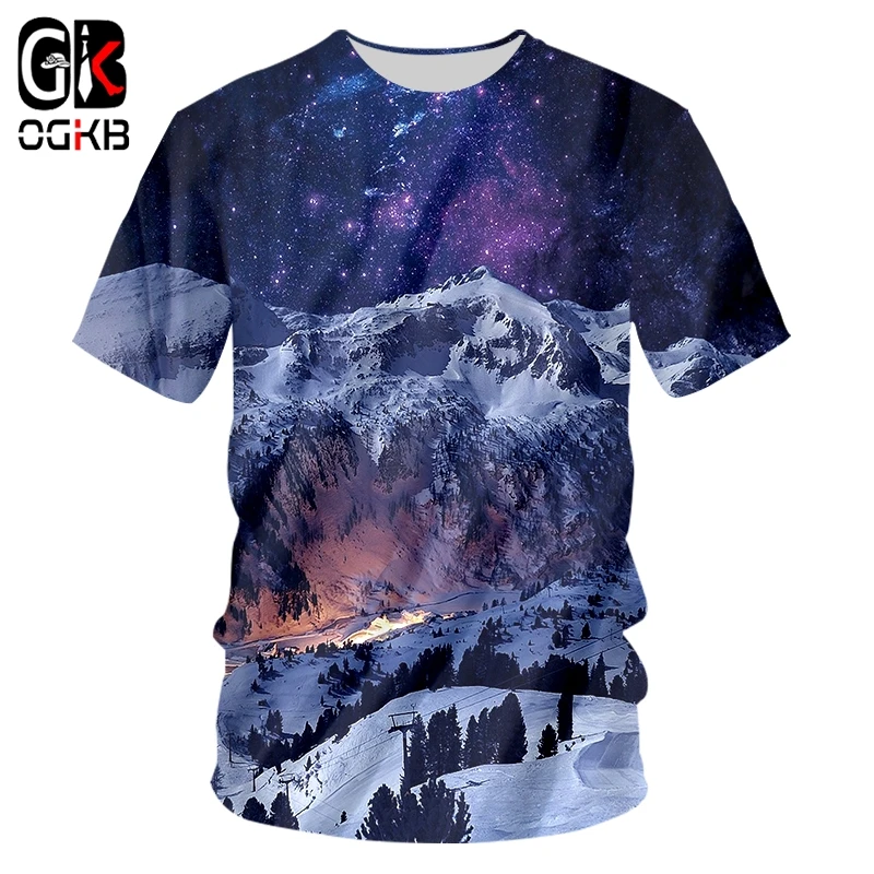 Футболка OGKB Мужская короткая объемная рубашка с принтом снега гор свободная