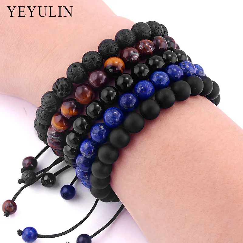 8 мм Синий Черный Камень бисерный браслет DIY плетение макраме регулируемый для