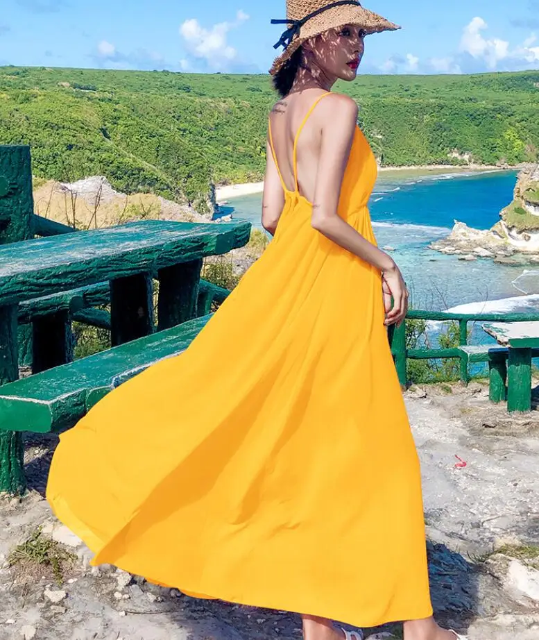 2019 Free shiping New style temperament V Neck Beach dress slim sexy backless Women | Женская одежда