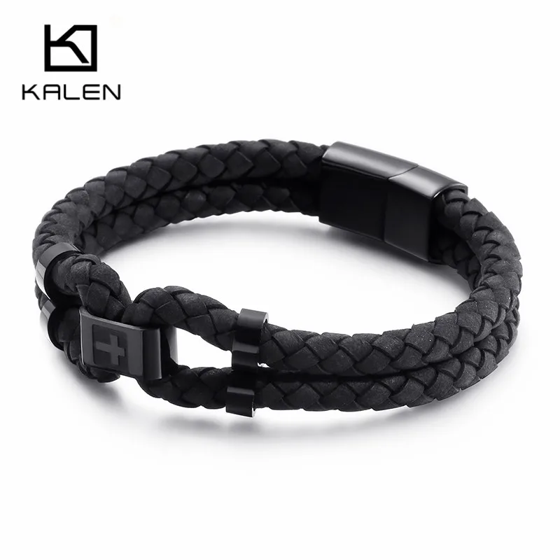 KALEN Stainless Steel Bulgaria GoldBlack Cross Charm Bracelets Men 21cm Double Layer BlackRed Leather Jewelry | Украшения и