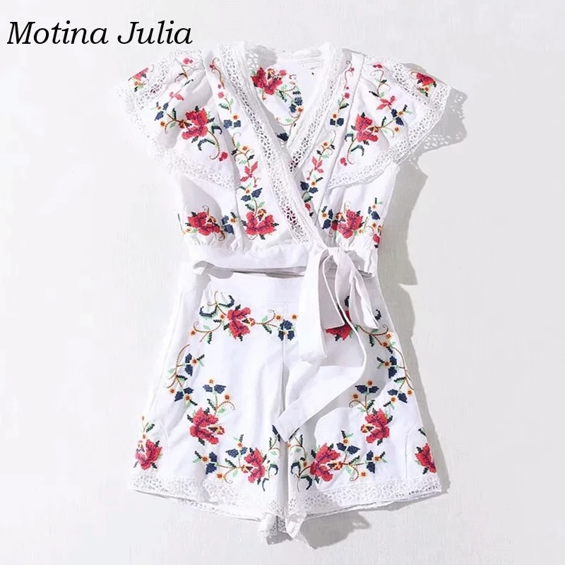 Motina Julia сексуальный кружевной комбинезон с цветочной вышивкой женский v образным
